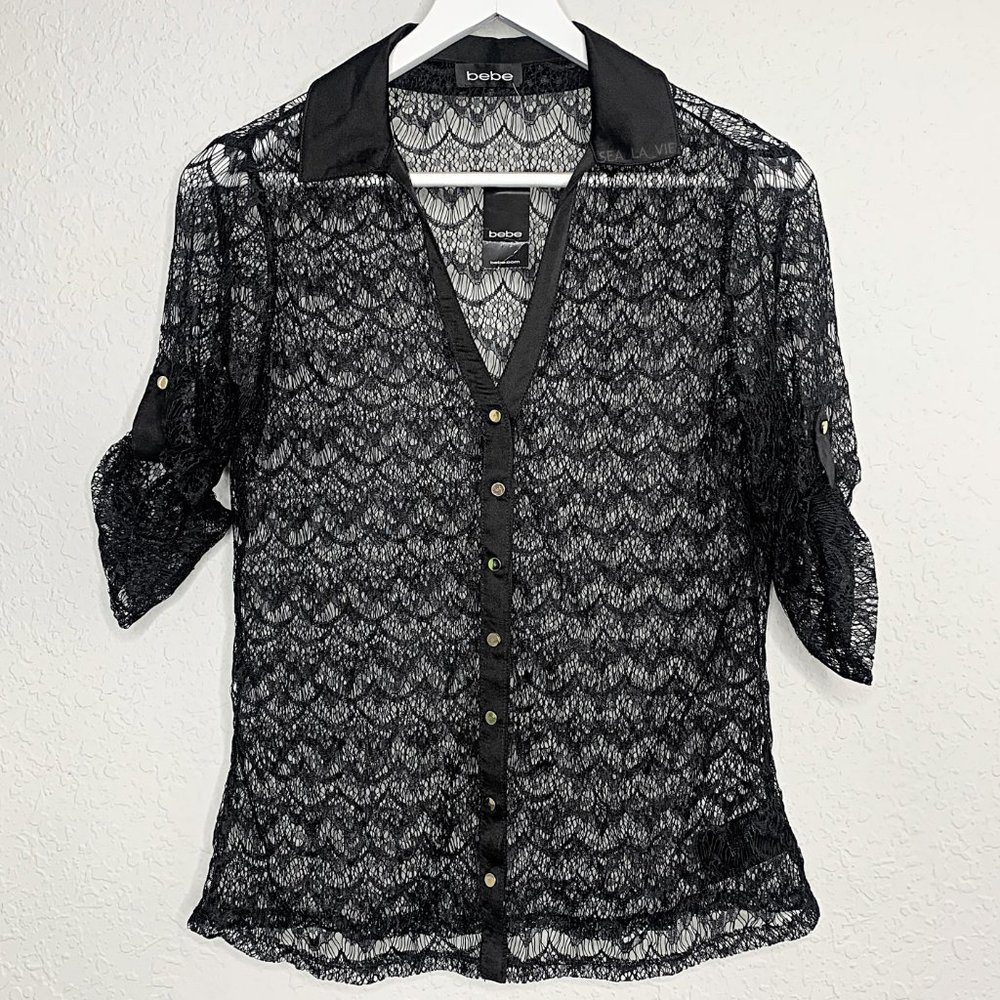 Bebe Doris 3/4 Sleeve Stretch Lace Shirt in Black - Picture 2 of 8